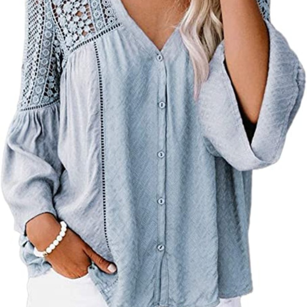 Light Blue Long Sleeve Lace Crochet Top - L